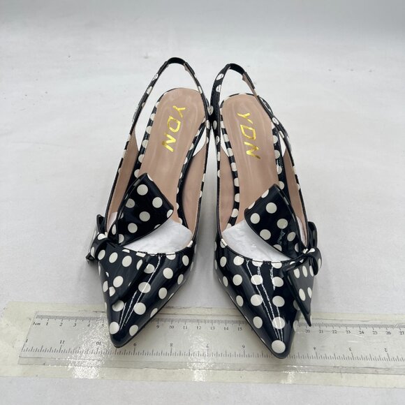 YDN Black Polka Dot Stiletto Heel Pumps Bow Pointed Toe Slingback Slip on Sandal - Picture 3 of 8